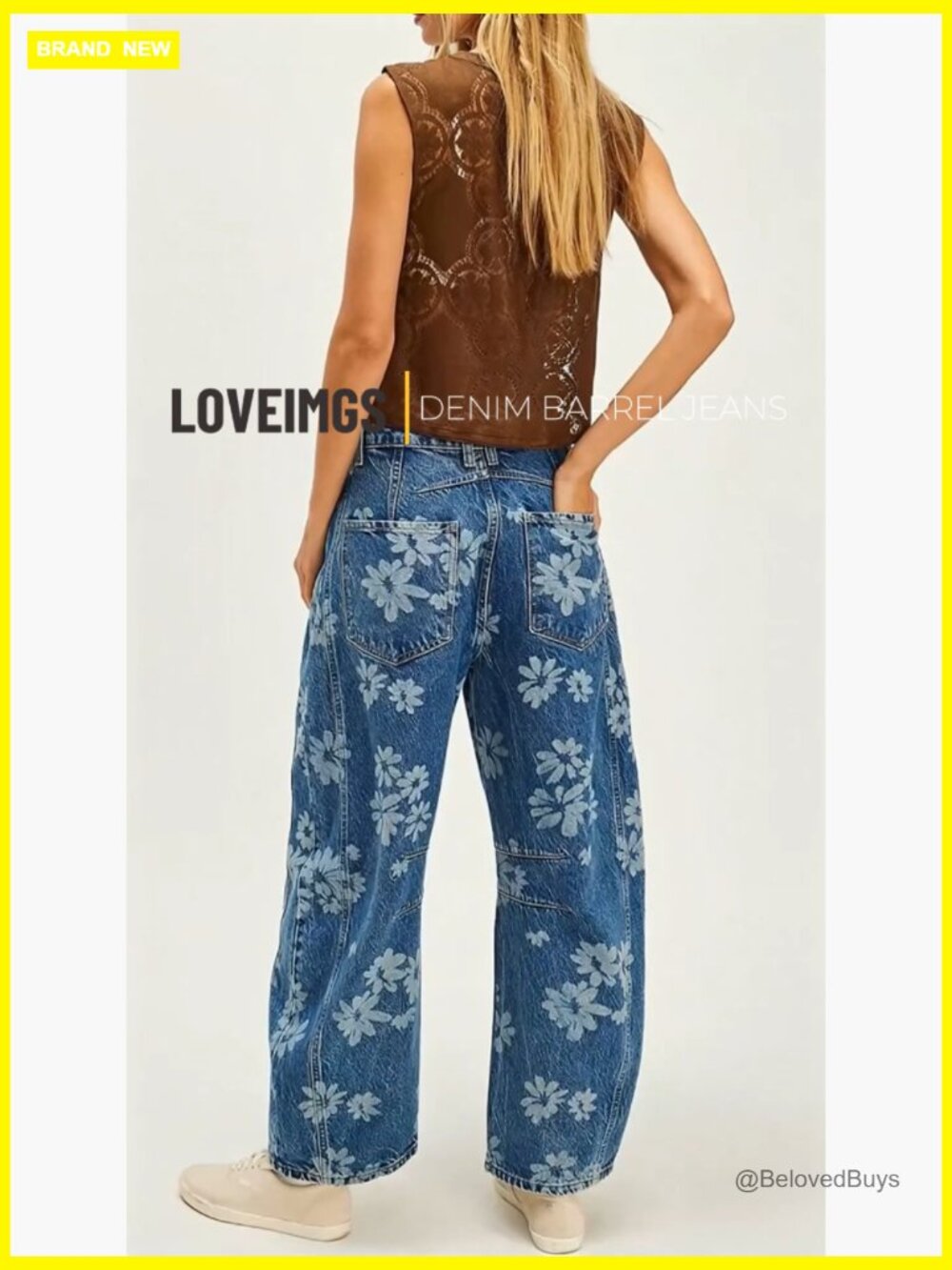 Y2k Distressed Barrel Jeans Baggy Wide Leg Floral Printed Boyfriend Patchwork - Picture 7 of 7